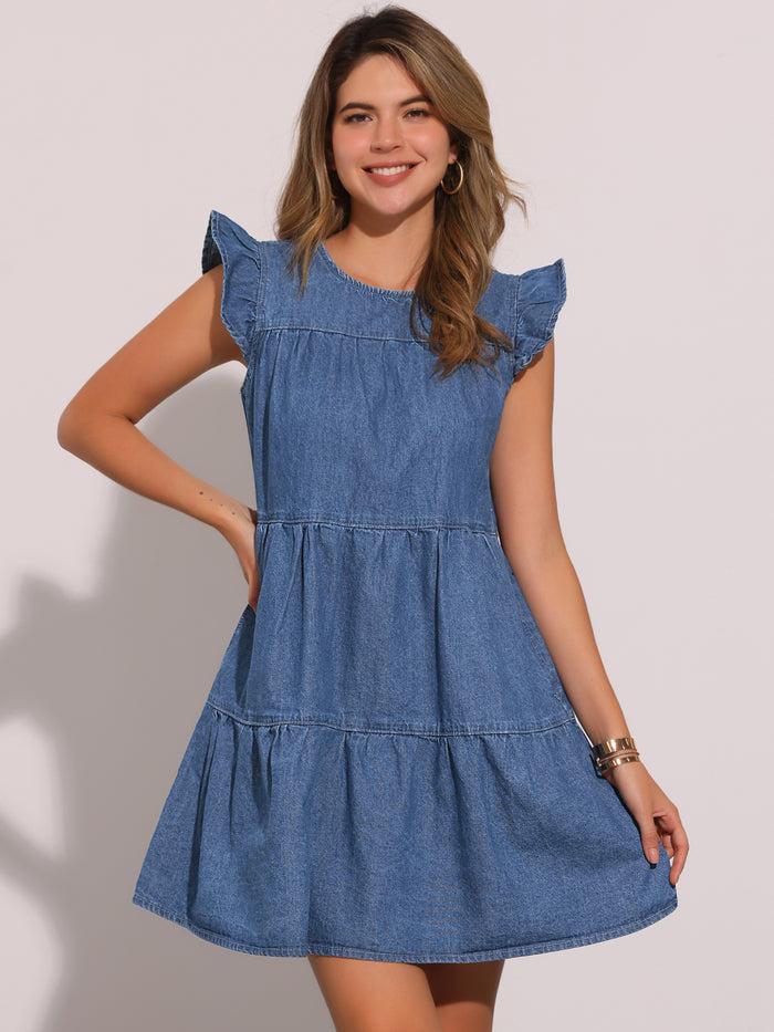 allegra k Denim Casual Ruffled Cap Sleeves Tiered Mini Dress
