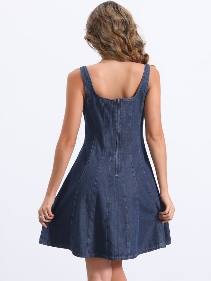 Allegra K Denim Casual Square Neck A-Line Mini Jean Dress