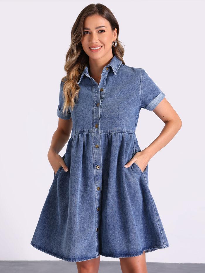 Allegra K Denim Collared Pocketed Short Sleeve Babydoll Jean Dress