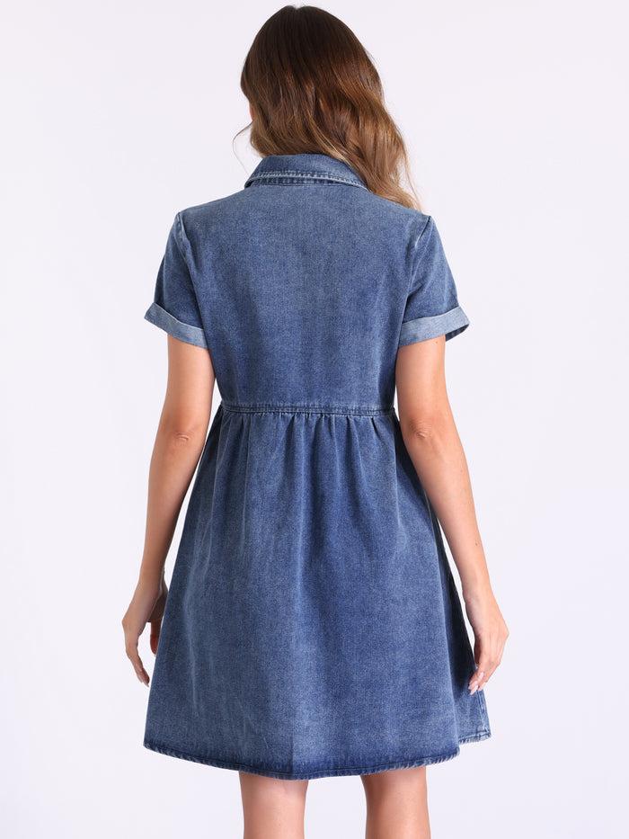 Allegra K Denim Collared Pocketed Short Sleeve Babydoll Jean Dress