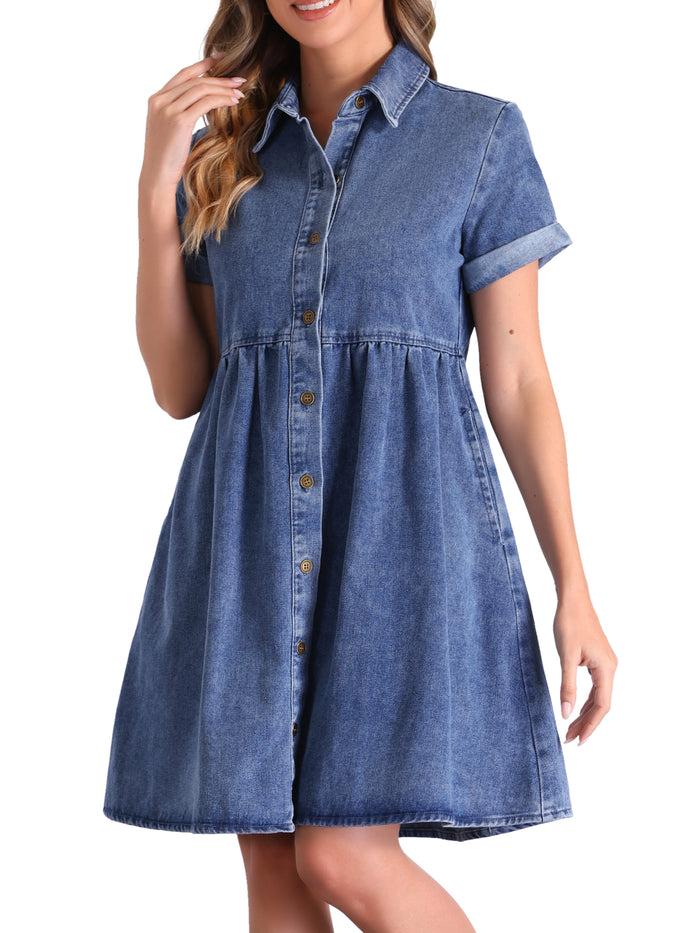 Allegra K Denim Collared Pocketed Short Sleeve Babydoll Jean Dress
