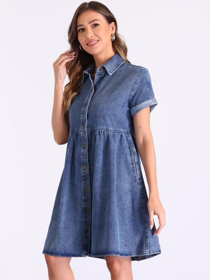 allegra k Denim Collared Pocketed Short Sleeve Babydoll Jean Dress
