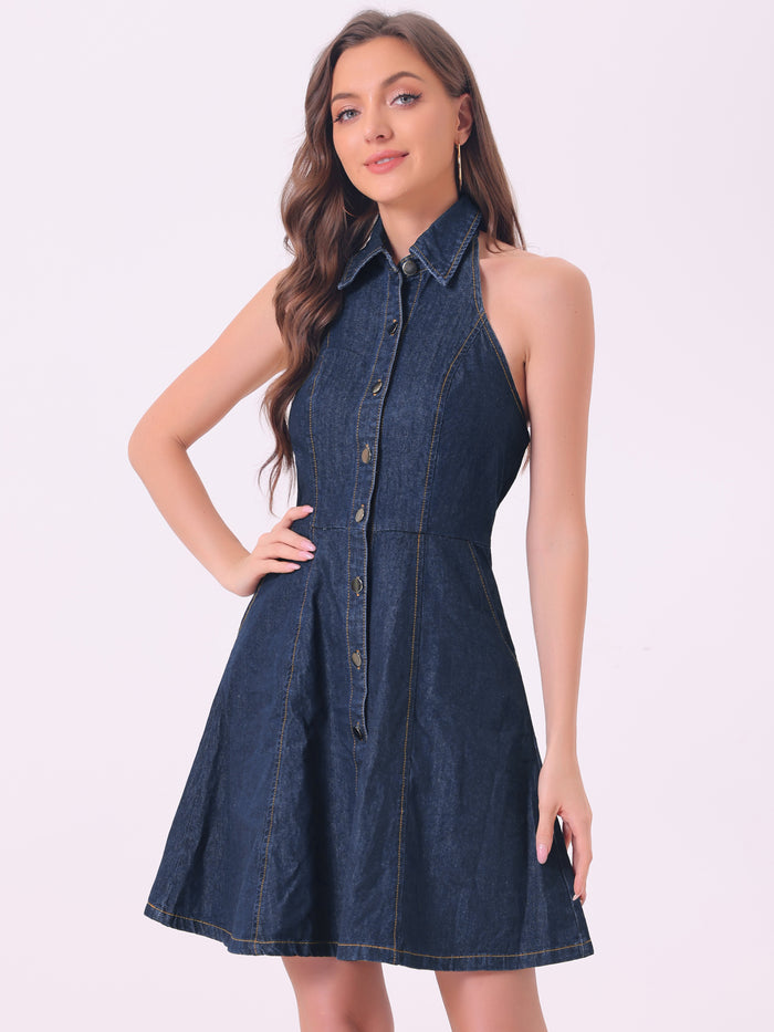 Allegra K Denim Halter Neck Button Down Backless A-Line Mini Shirt Dress