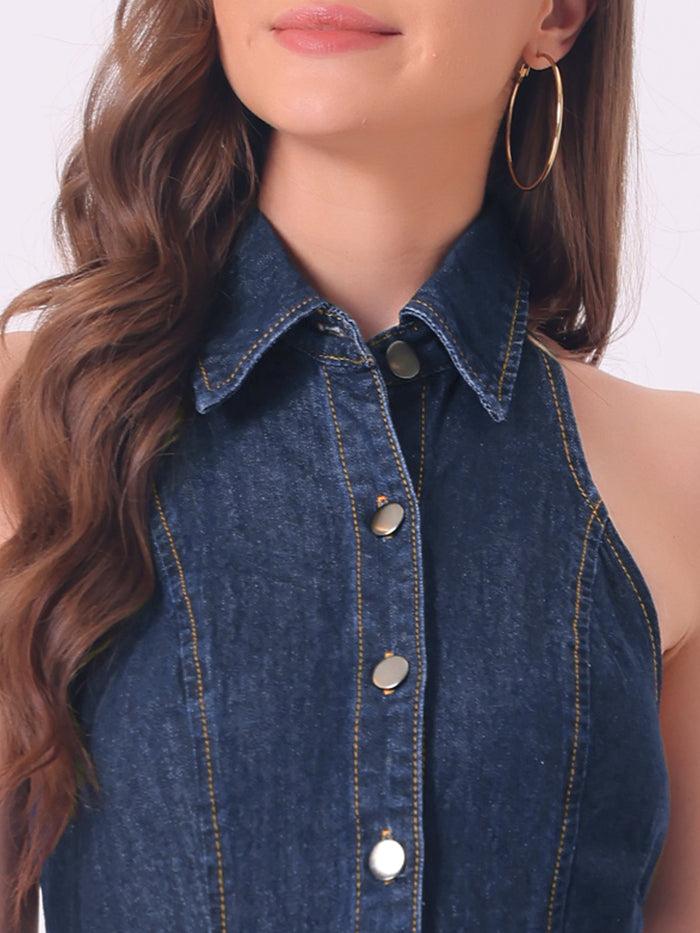 Allegra K Denim Halter Neck Button Down Backless A-Line Mini Shirt Dress