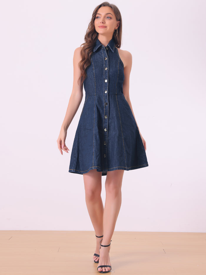 allegra k Denim Halter Neck Button Down Backless A-Line Mini Shirt Dress