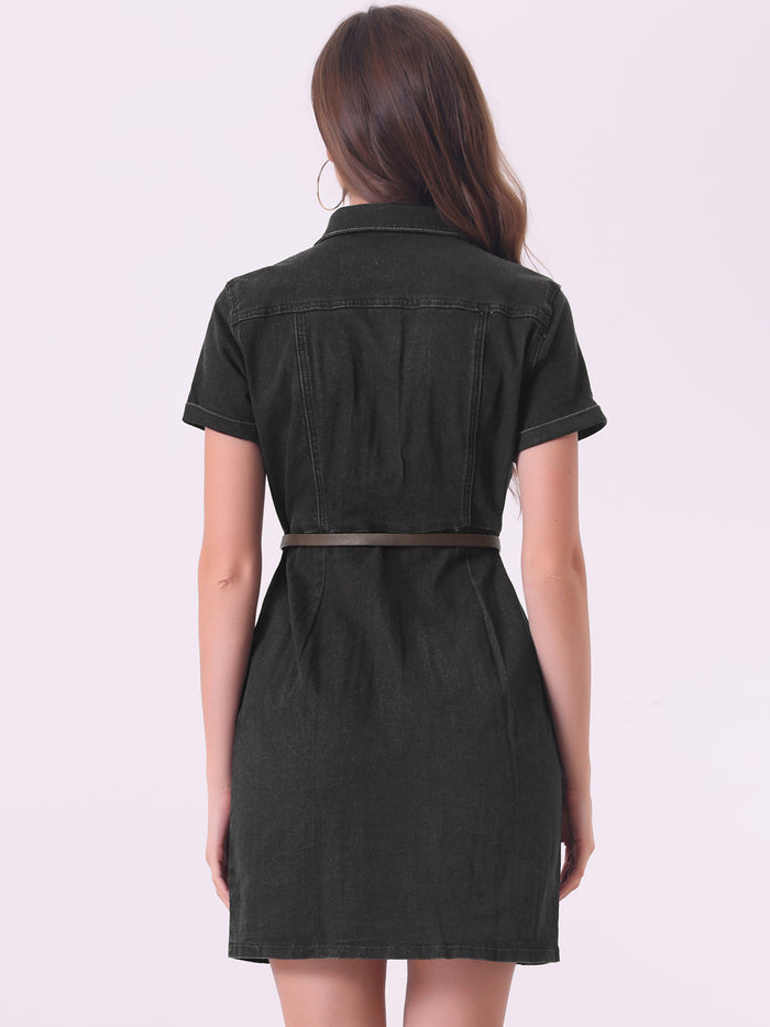 Allegra K Denim Lapel Short Sleeve Belted Button Up Shirt Dress