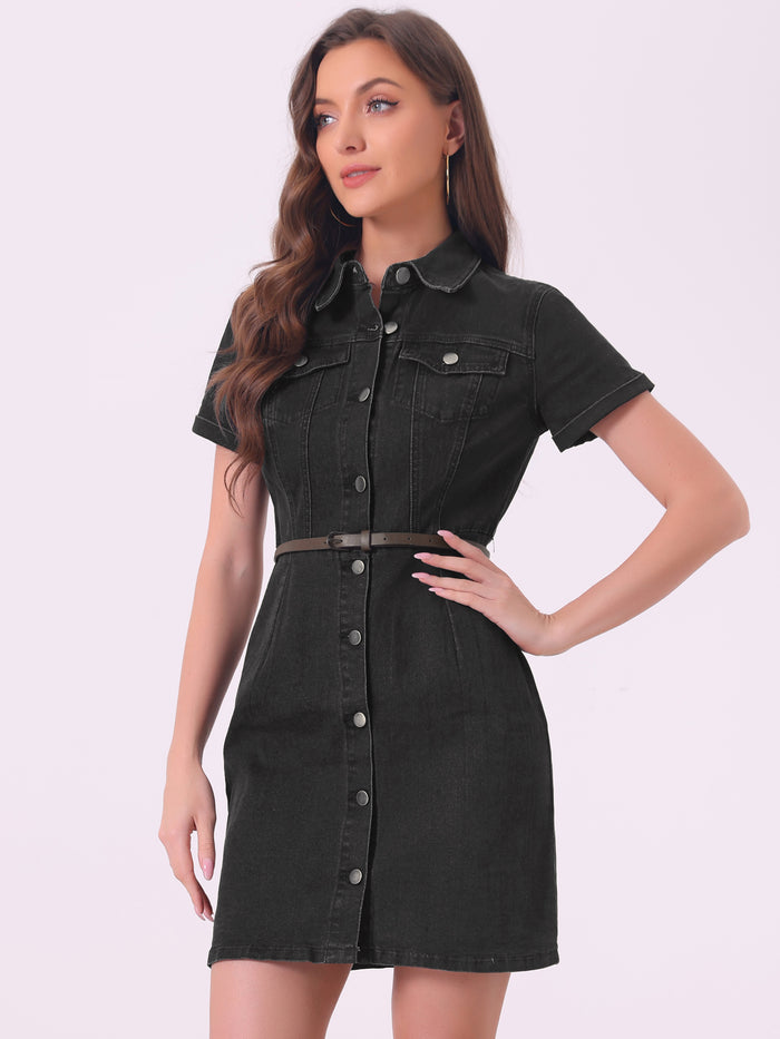 allegra k Denim Lapel Short Sleeve Belted Button Up Shirt Dress