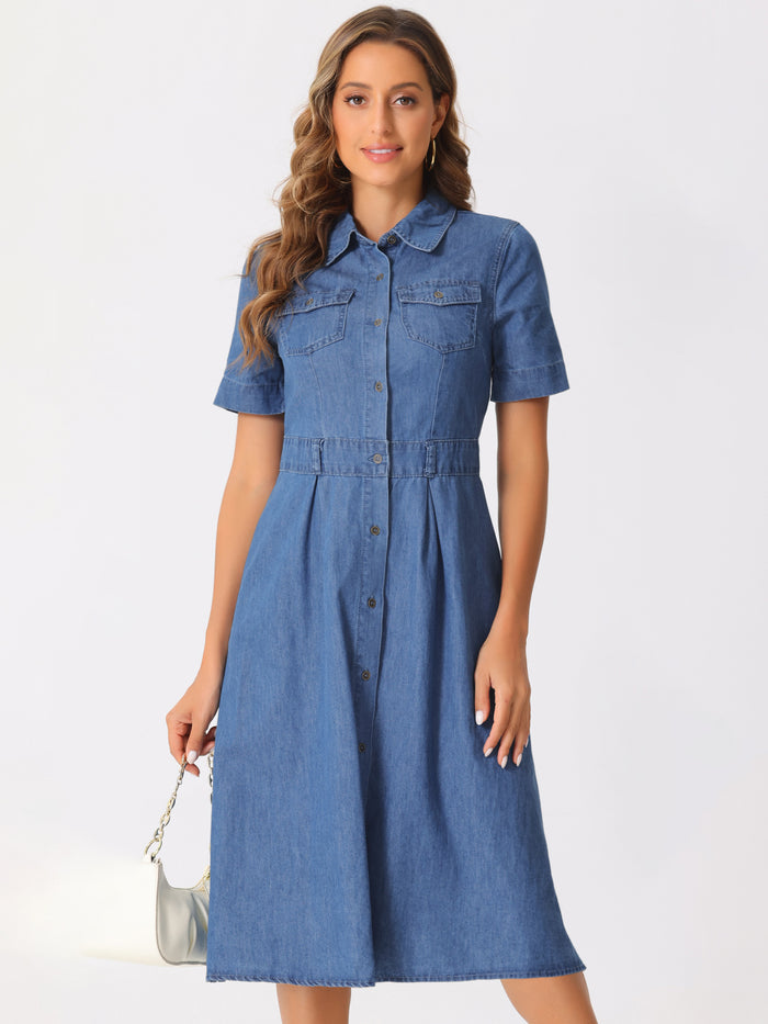 Allegra K Denim Pockets Button Up Short Sleeve A-Line Midi Jean Shirt Dress