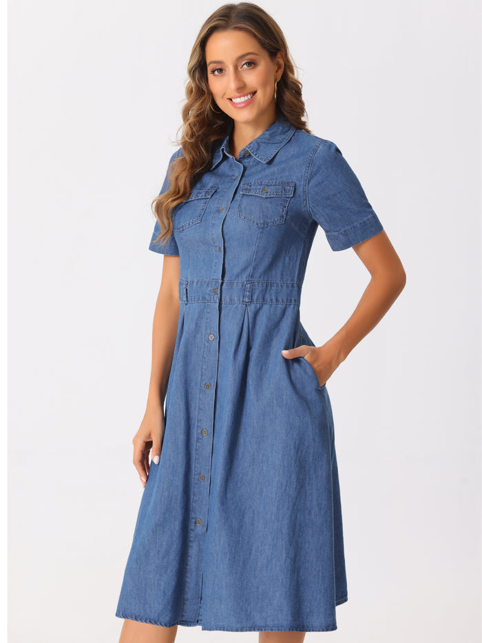 allegra k Denim Pockets Button Up Short Sleeve A-Line Midi Jean Shirt Dress