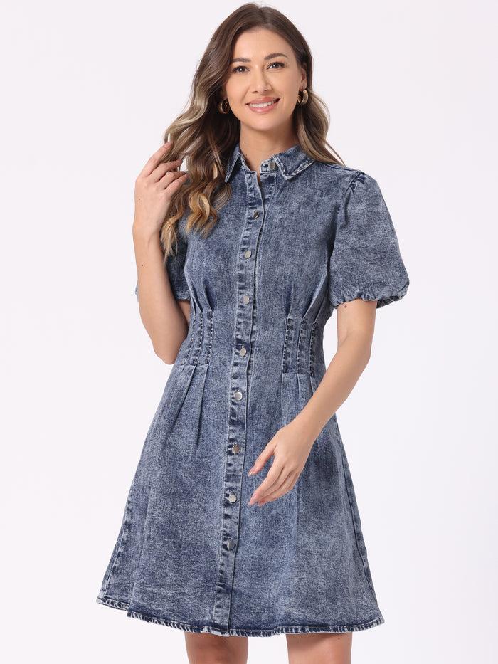 allegra k Denim Puff Short Sleeve Button Down A-Line Jean Dress