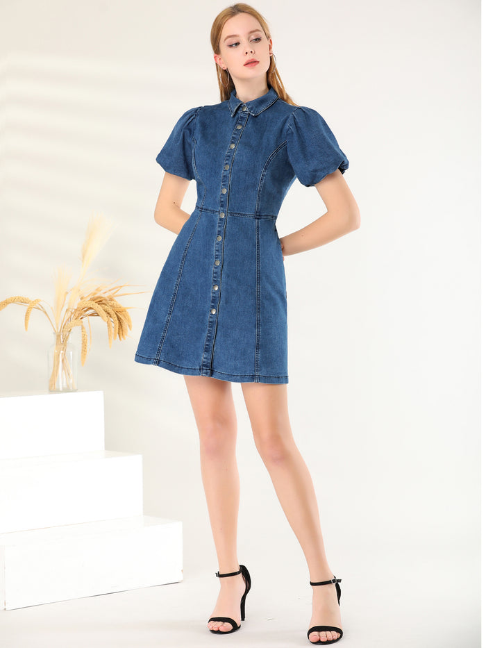 Allegra K Denim Puff Short Sleeve Collared Button Down Mini Dress