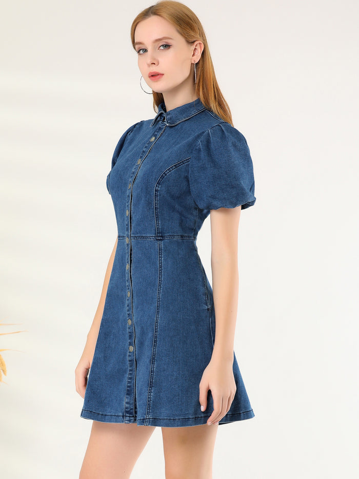 Allegra K Denim Puff Short Sleeve Collared Button Down Mini Dress