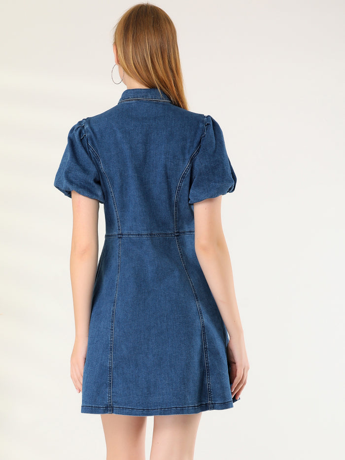 Allegra K Denim Puff Short Sleeve Collared Button Down Mini Dress