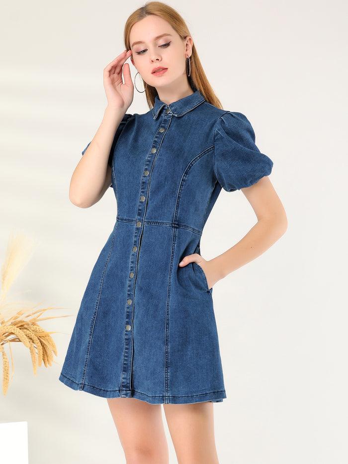 allegra k Denim Puff Short Sleeve Collared Button Down Mini Dress