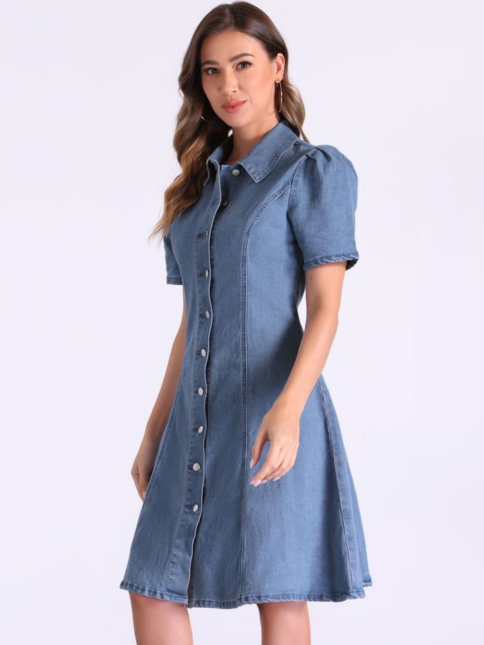 Allegra K Denim Puff Sleeve Buttton Down Collared A-Line Jean Dress