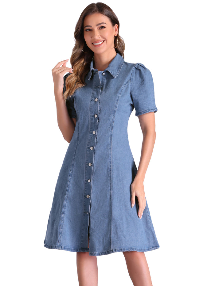 Allegra K Denim Puff Sleeve Buttton Down Collared A-Line Jean Dress