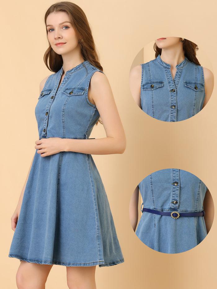 Allegra K Denim Sleeveless V Neck Belted Flared Casual Jean Shirt Dress