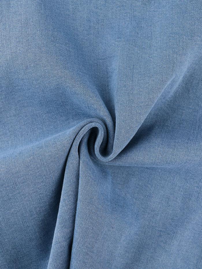 Allegra K Denim Sleeveless V Neck Belted Flared Casual Jean Shirt Dress