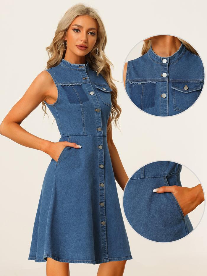 Allegra K Denim Stand Collar Buttom Sleeveless Distressed A-line Midi Dress