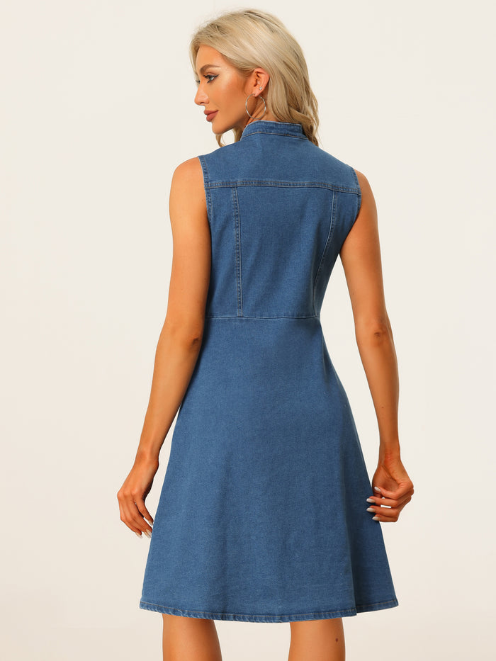 Allegra K Denim Stand Collar Buttom Sleeveless Distressed A-line Midi Dress