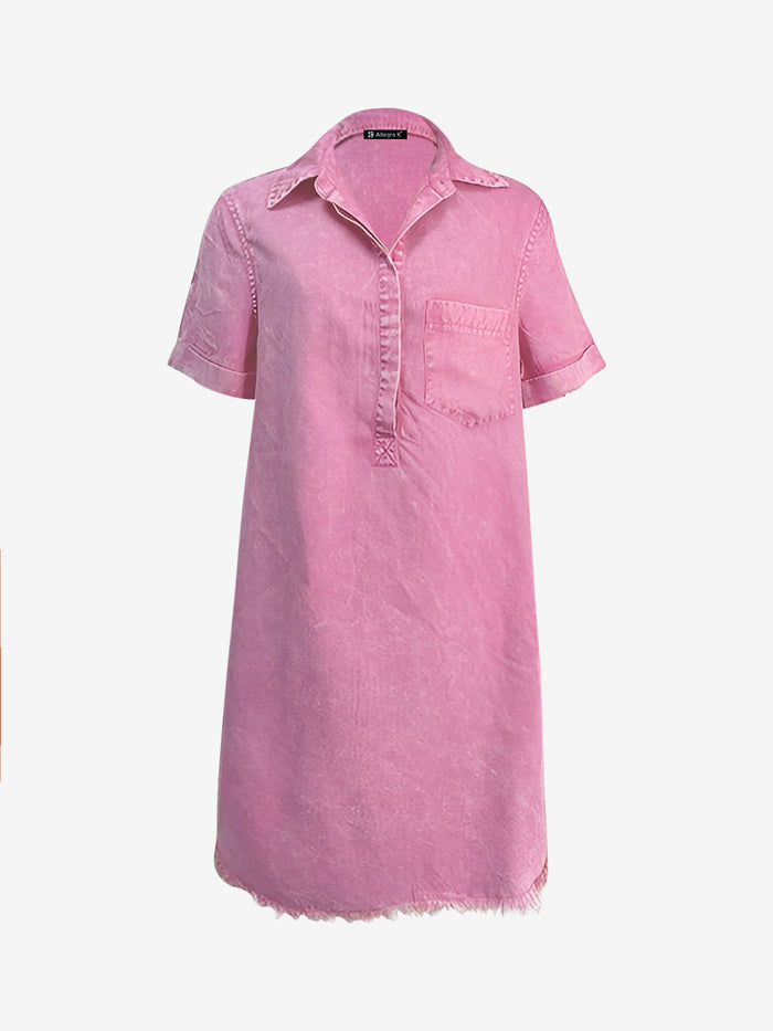 Allegra K Denim Washed Collared Short Sleeve Mini Dress
