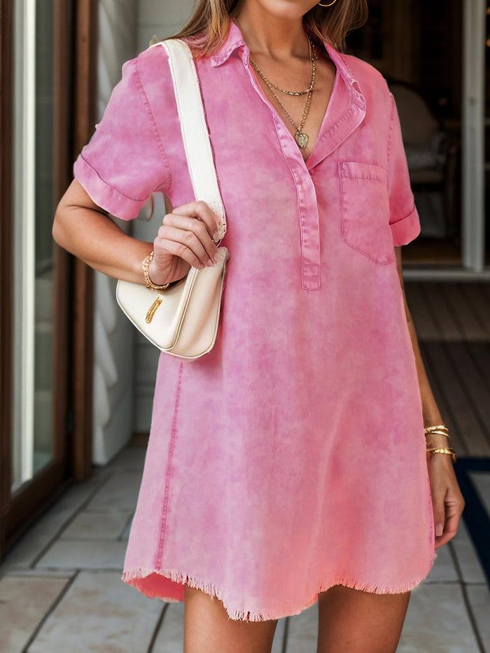 allegra k Denim Washed Collared Short Sleeve Mini Dress