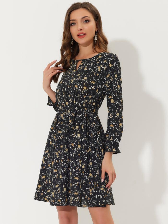 Allegra K Ditsy Floral Keyhole Round Neck Elastic Tie Waist Long Sleeve Dress