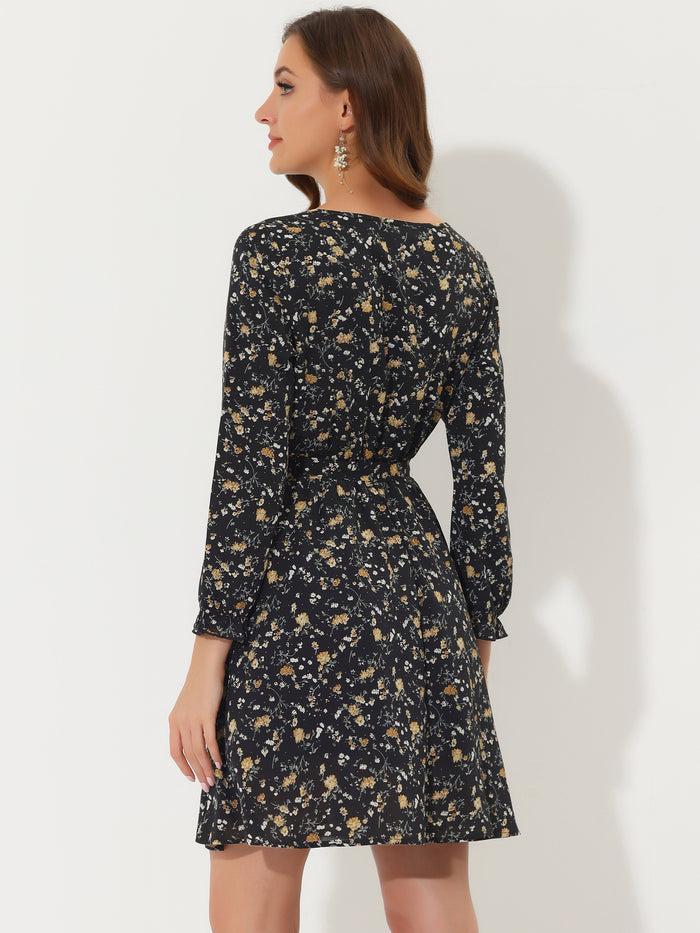 Allegra K Ditsy Floral Keyhole Round Neck Elastic Tie Waist Long Sleeve Dress