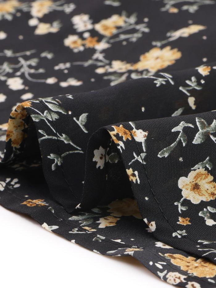 Allegra K Ditsy Floral Keyhole Round Neck Elastic Tie Waist Long Sleeve Dress