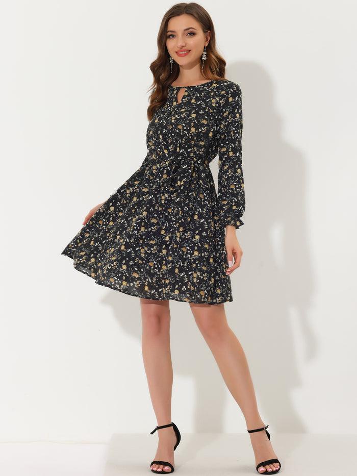allegra k Ditsy Floral Keyhole Round Neck Elastic Tie Waist Long Sleeve Dress