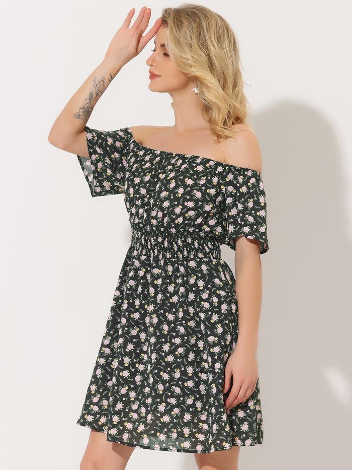 Allegra K Ditsy Floral Summer Off Shoulder Chiffon Smocked Short Dress