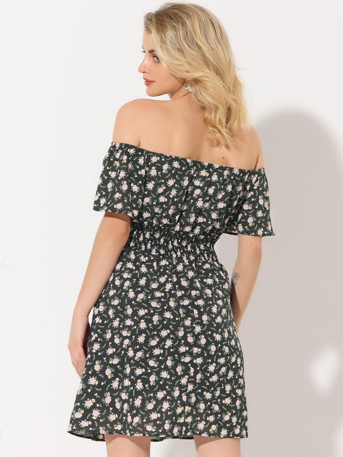Allegra K Ditsy Floral Summer Off Shoulder Chiffon Smocked Short Dress