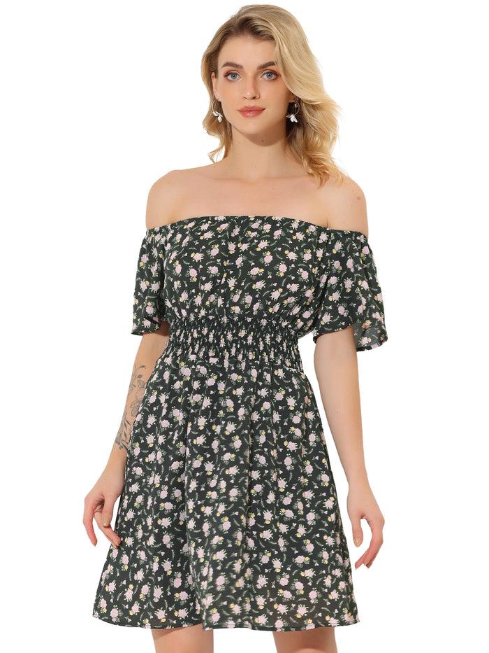 Allegra K Ditsy Floral Summer Off Shoulder Chiffon Smocked Short Dress
