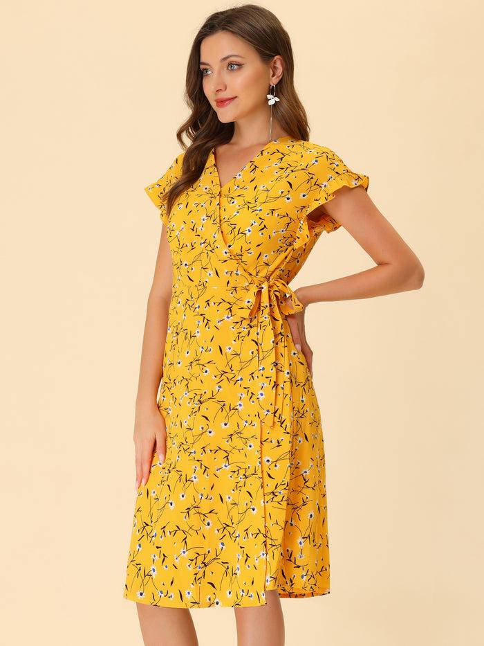 Allegra K Ditsy Floral V Neck Ruffle Flutter Sleeve Midi Wrap Dress
