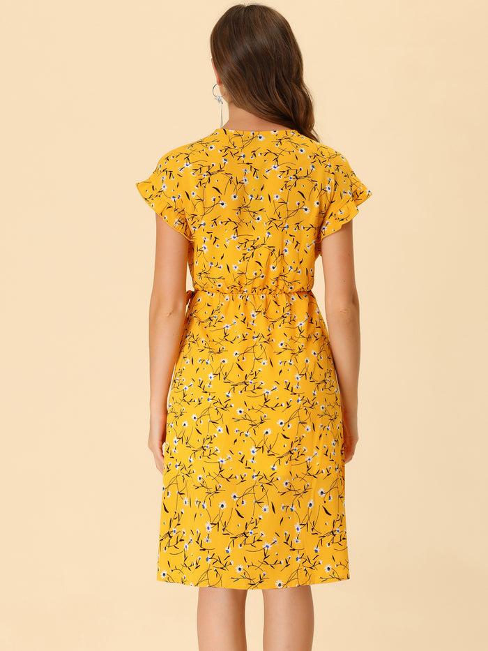 Allegra K Ditsy Floral V Neck Ruffle Flutter Sleeve Midi Wrap Dress