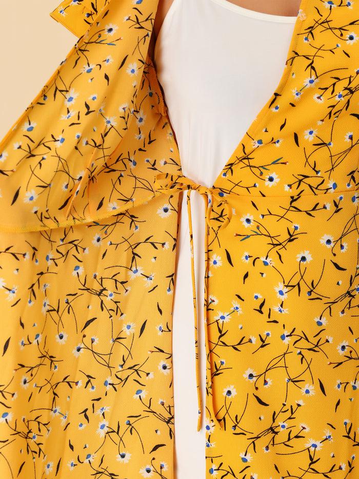 Allegra K Ditsy Floral V Neck Ruffle Flutter Sleeve Midi Wrap Dress