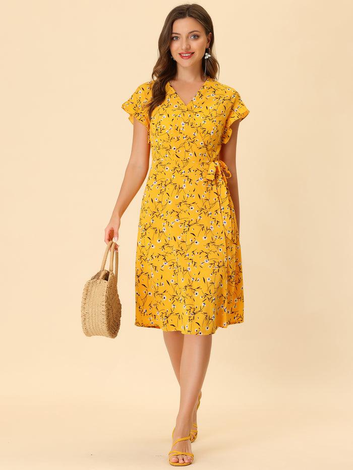 allegra k Ditsy Floral V Neck Ruffle Flutter Sleeve Midi Wrap Dress