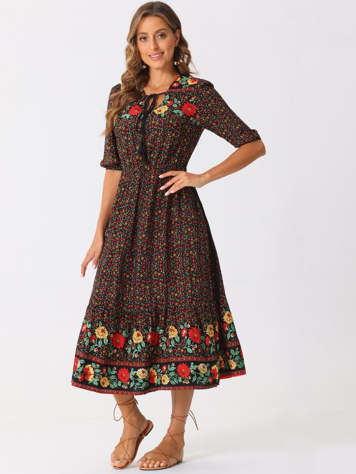 allegra k Drawstring Pockets Short Sleeve Floral Boho Midi Dress