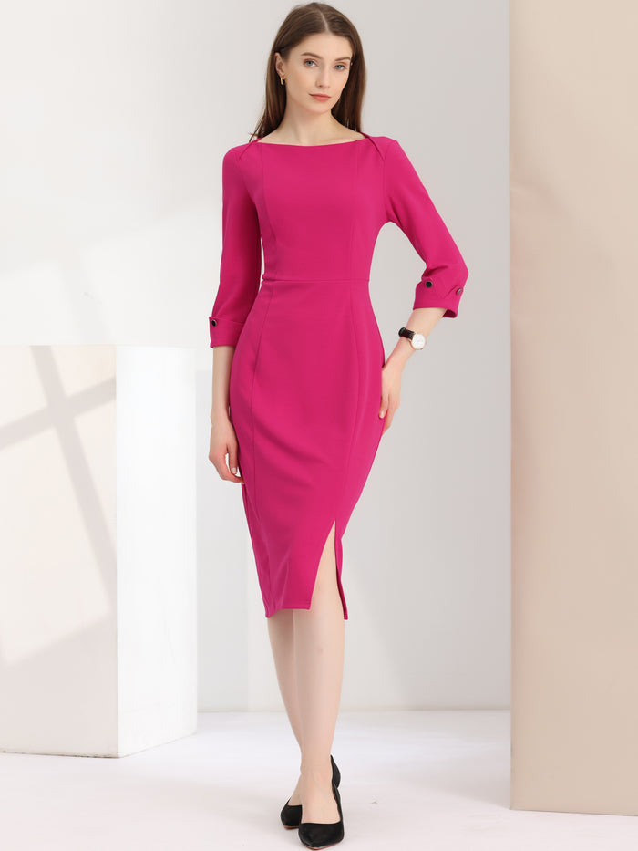 allegra k Elegant Boat Neck 3/4 Sleeves Work Midi Split Sheath Dress