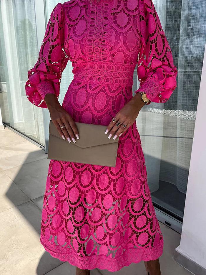 Allegra K Elegant Boho Embroidered Mock Neck Long Sleeves Evening Maxi DDress With Eyelet