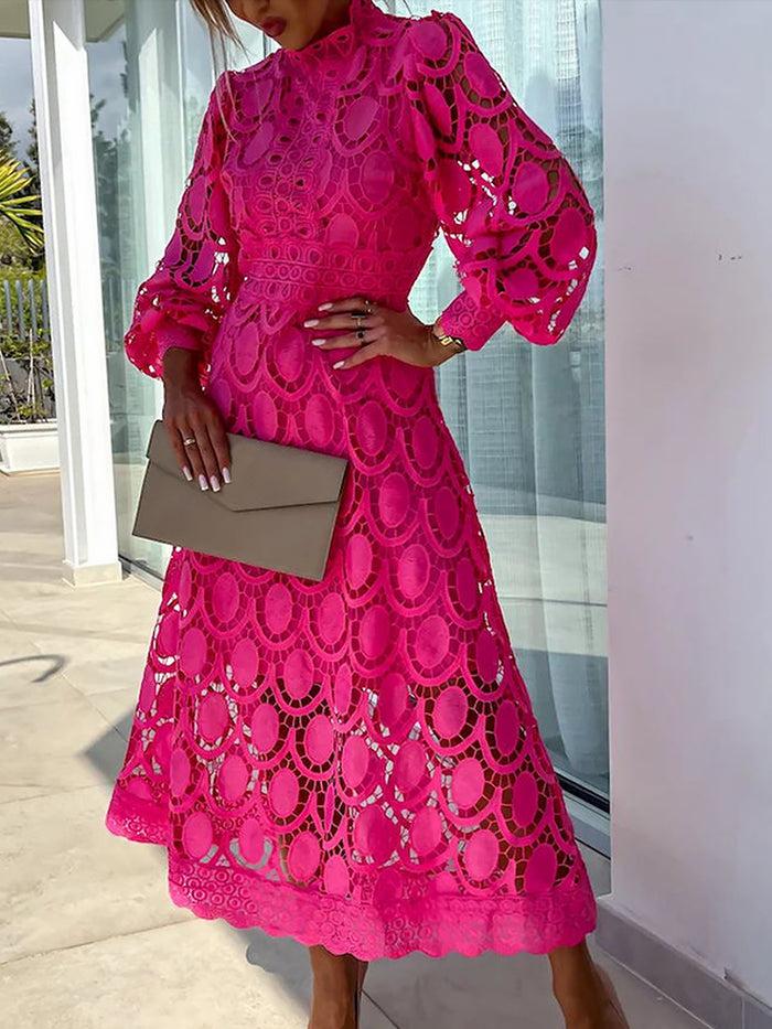 allegra k Elegant Boho Embroidered Mock Neck Long Sleeves Evening Maxi dDress with Eyelet