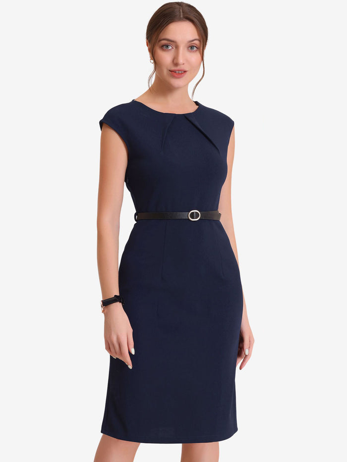 Allegra K Elegant Business Cap Sleeve Belted Pencil Work Sheath Dress