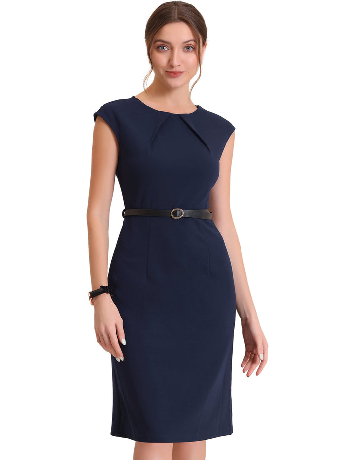 Allegra K Elegant Business Cap Sleeve Belted Pencil Work Sheath Dress