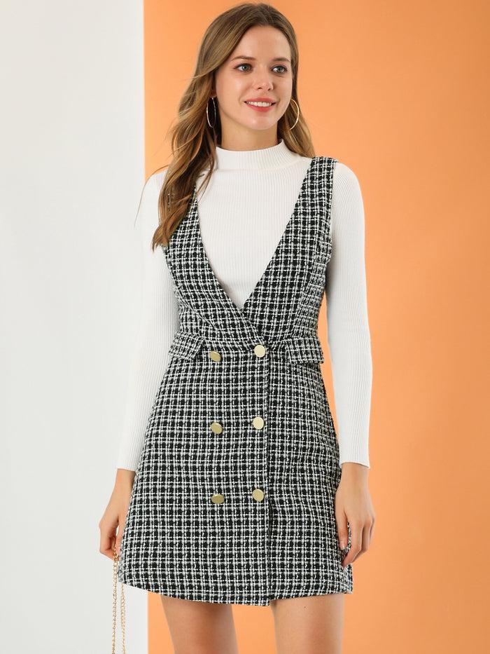 Allegra K Elegant Button Front V Neck Plaid Tweed Overalls Pinafore Dress