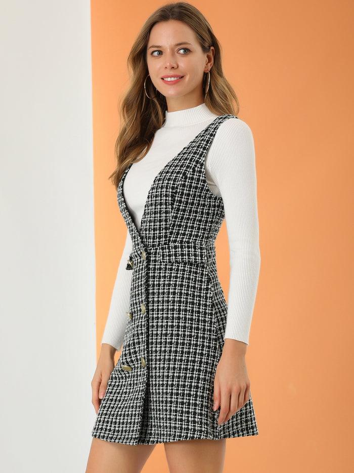 Allegra K Elegant Button Front V Neck Plaid Tweed Overalls Pinafore Dress
