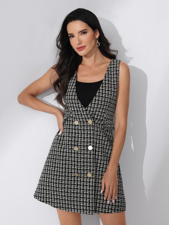 allegra k Elegant Button Front V Neck Plaid Tweed Overalls Pinafore Dress