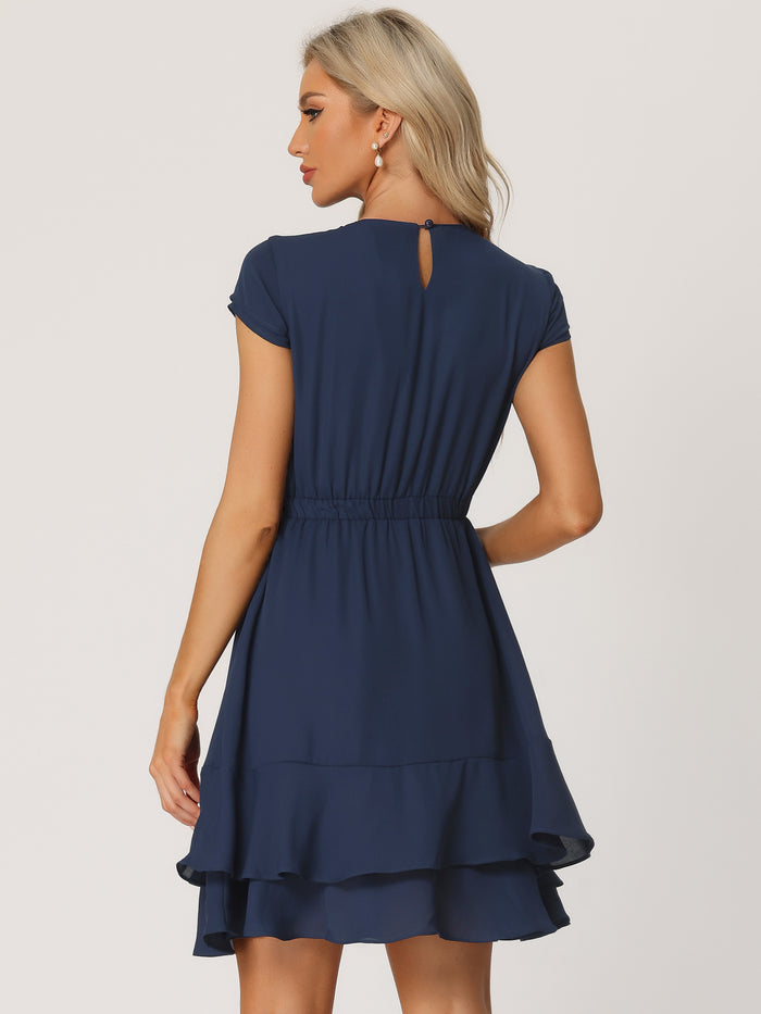 Allegra K Elegant Chiffon A-Line Cap Sleeve Elastic Waist Layered Ruffle Dress