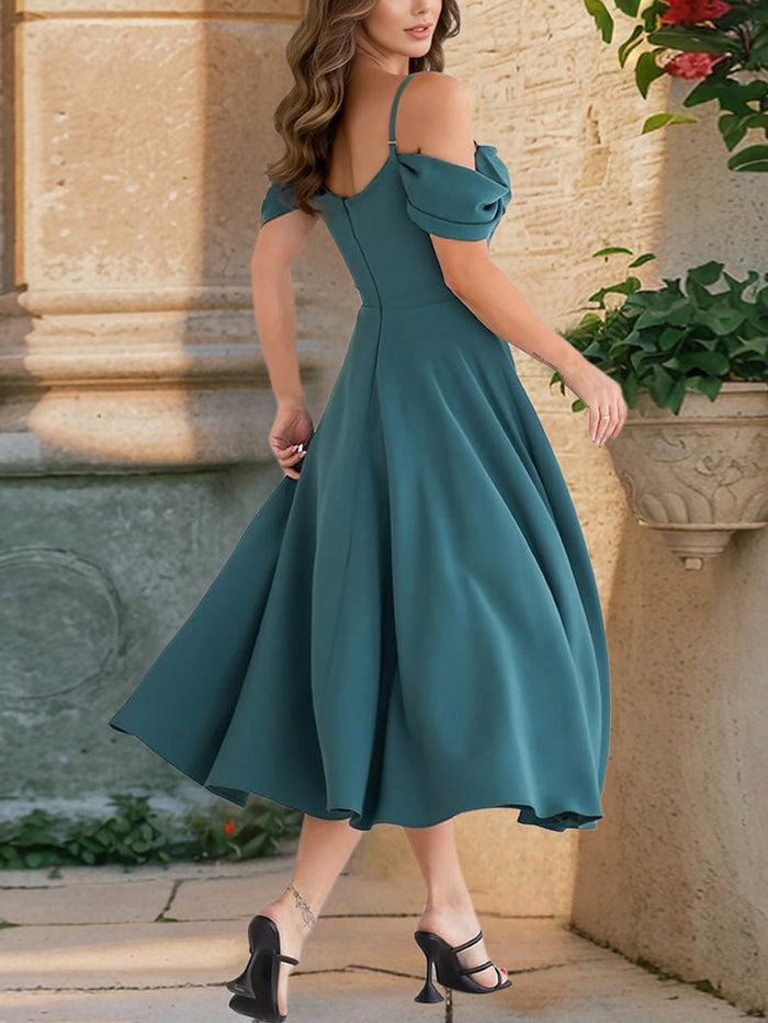 Allegra K Elegant Cold Shoulder Spaghetti Strap Midi A-Line Off-Shoulder & Flared Silhouette Summer Dress