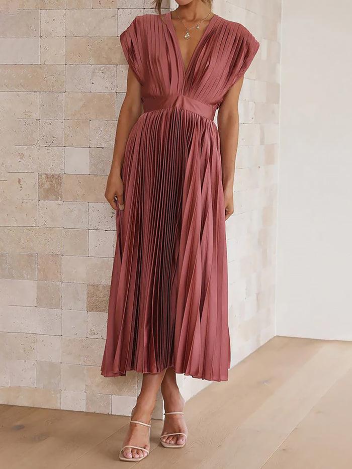 Allegra K Elegant Deep V Neck Cap Sleeves Luxe Satin Pleated Midi Office Dress