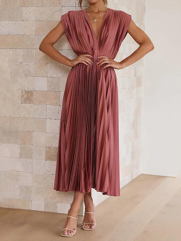Allegra K Elegant Deep V Neck Cap Sleeves Luxe Satin Pleated Midi Office Dress